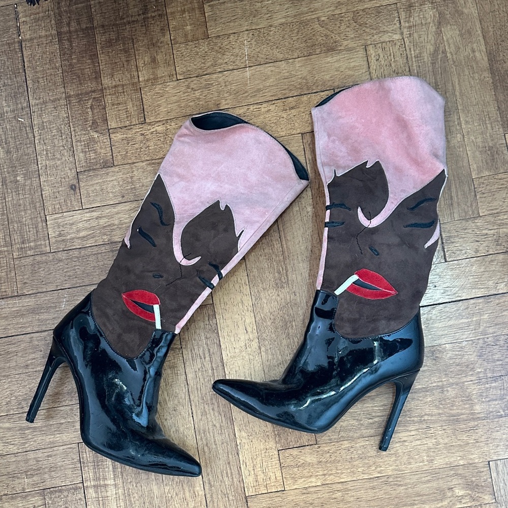 Jeffrey Campbell Pink Brown Black Patent Leather Heeled Boots with Red Accent